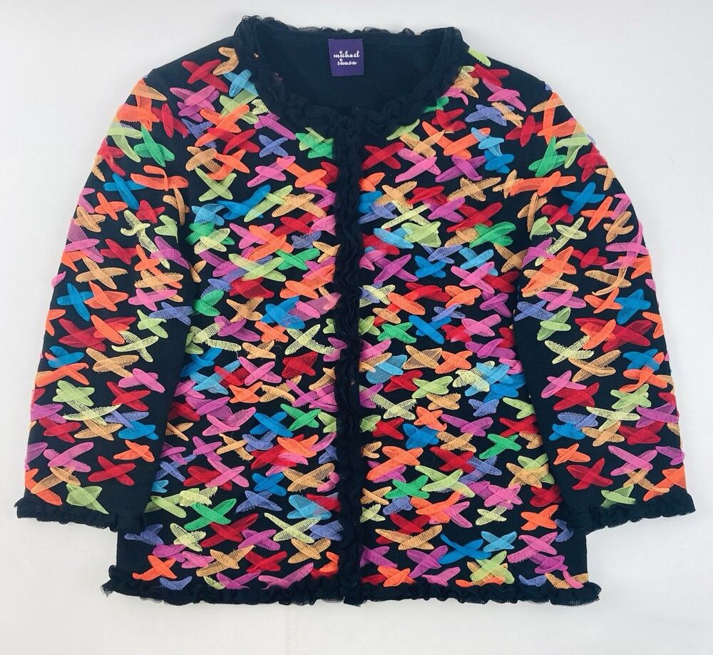 Michael Simon Vintage Colorful Cardigan Ribbon Rainbow Criss Cross Sweater Butto
